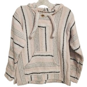 Earth Ragz | Women's White & Pink Striped Hooded Burlap Pullover (Size Small)